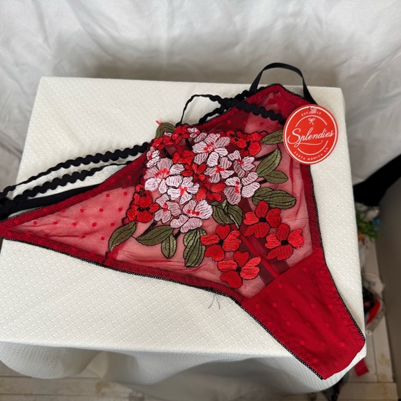 Red and Black Floral Embroidered Thong Panties from Splendies Size 1X - Picture 2 of 10